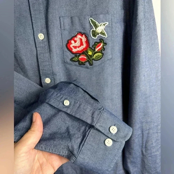 Simons jean denim button-down shirt, L, floral embroidery pocket, Unisex Western - Picture 6 of 9